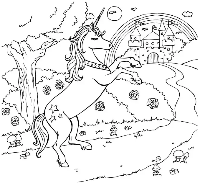 Einhorn mit Burg Ausmalbild